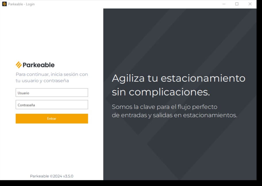 Pantalla de acceso de Parkeable, con el usuario y la contraseña de la caseta