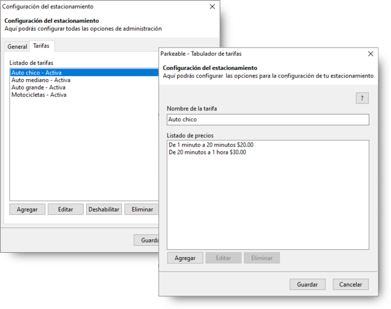Configura diversas tarifas